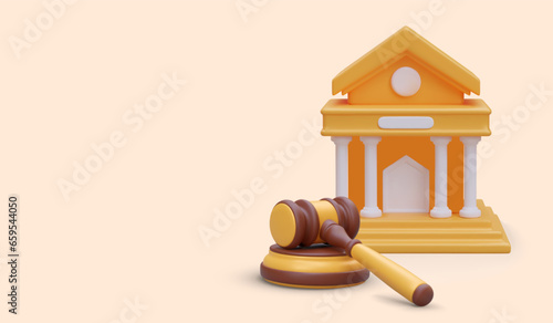 3D court building and judges wooden gavel with stand. Sentencing. Assistance of lawyer. Win case in court. Advertising poster with place for logo, link button