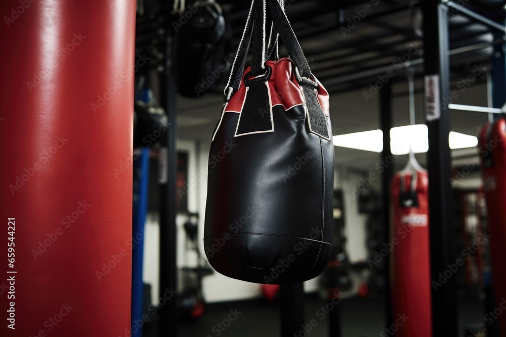 boxing gloves hanging up next to a punching bag