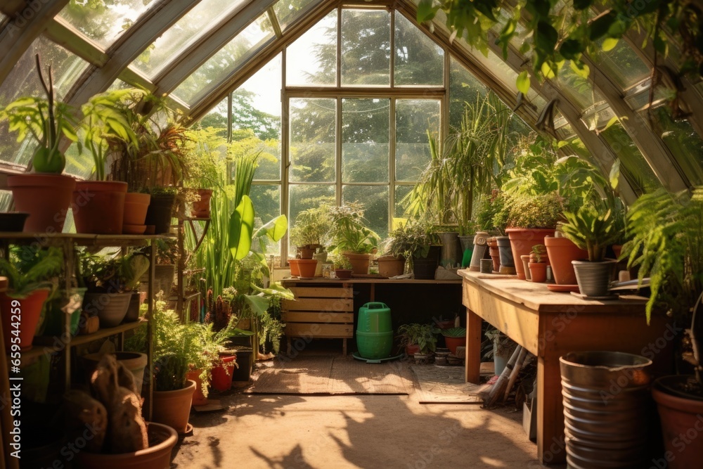 interiors of green house with rows of plants and watering can
