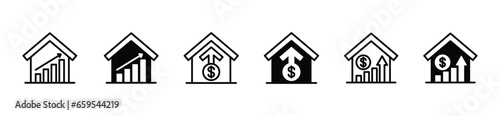 House investment growth line icon set. Growing house price icons. Rising housing costs symbol. Property value on white background. Vector illustration