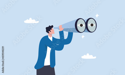Observation, search for opportunity, curiosity or surveillance, inspect or discover new business, job search or hr finding candidate concept, curious businessman look through binoculars with big eyes. photo