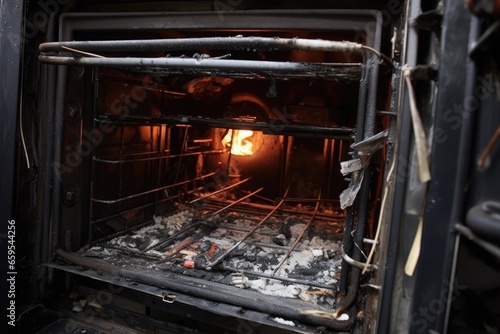 the inside of a broken oven with detached heating elements