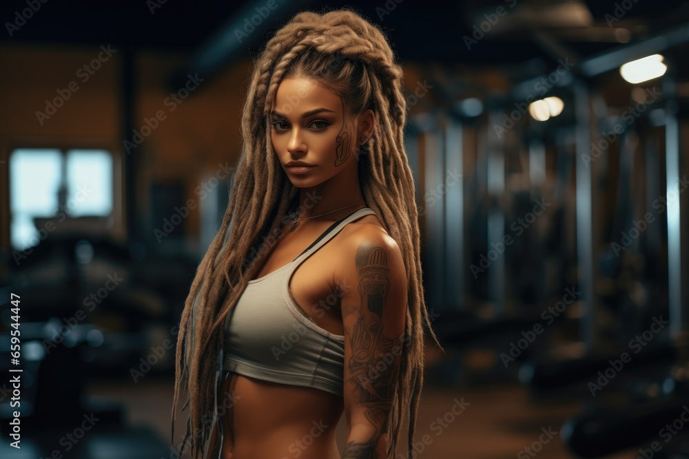 A beautiful athletic girl does strength and cardio exercises. Classes with a trainer in the gym, with chains, dumbbells and elastic bands, push-ups and parallel bars. Woman athlete, dramatic photo