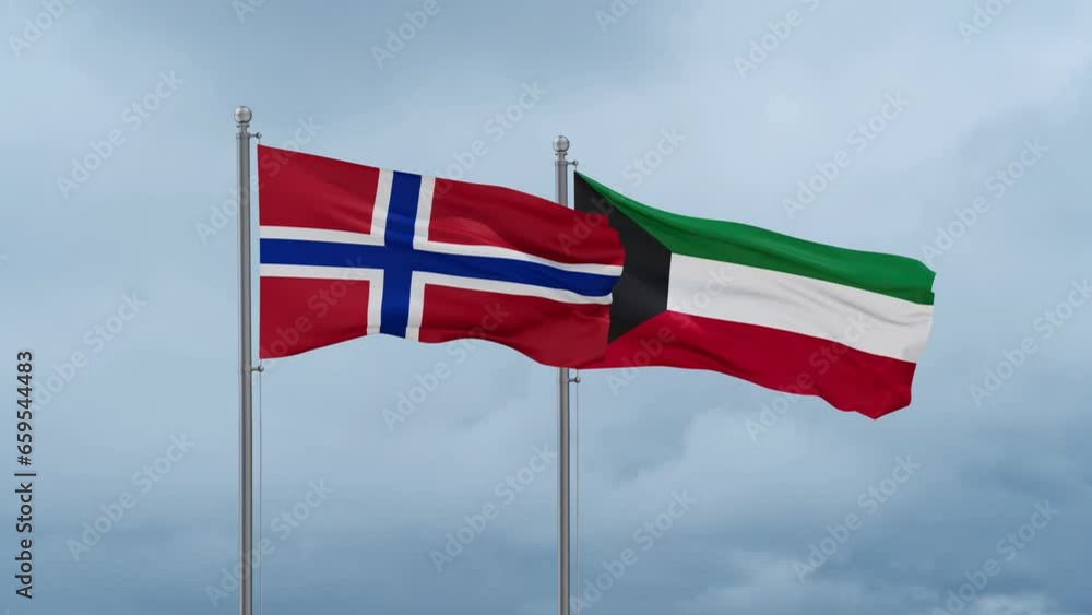 Kuwait and Norway flag waving together on cloudy sky, endless seamless loop, two country cooperation concept Kuwait and Norway flag waving together on cloudy sky, endless seamless loop, two country cooperation concept
