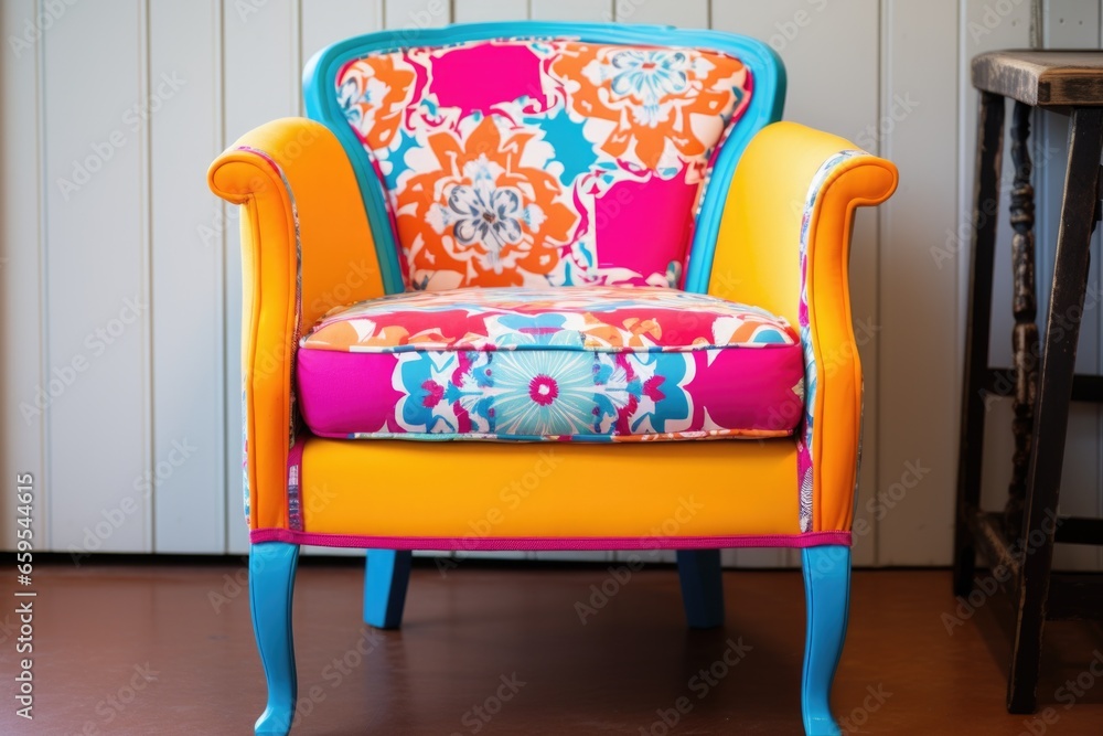 an old chair repainted and reupholstered in bright fabric an old chair repainted and reupholstered in bright fabric
