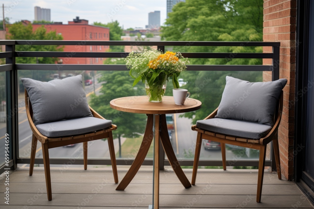 Fototapeta premium a condo balcony with coffee table and two chairs