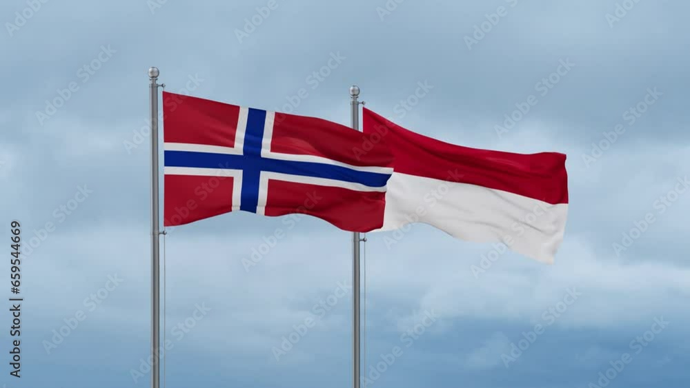 Indonesia flag and Norway flag waving together on cloudy sky, endless seamless loop, two country relations concept Indonesia flag and Norway flag waving together on cloudy sky, endless seamless loop, two country relations concept