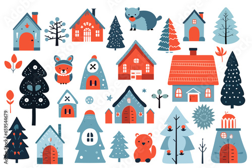 Vector hand drawn collection for Christmas and New Year. Doodle isolated illustration with houses, animals, trees, branches. Winter holidays, baby shower, birthday, children's party