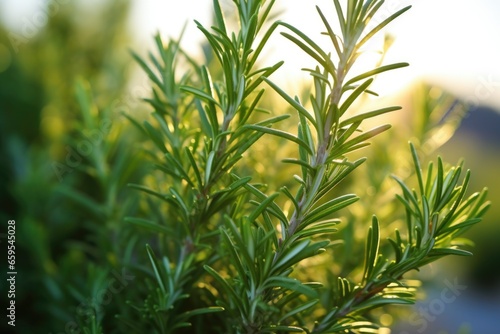 rosemary plant with leaves close-up under morning light