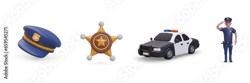 Set of policeman, car, element of policeman costume and sheriff star in realistic 3d style. Justice and law concept. Vector illustration in blue colors