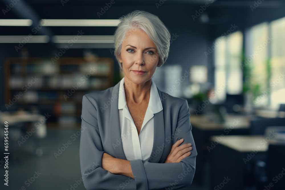 The portrait of an old businesswoman in a neatly suit outfit standing and smiling in a modern office, Generative AI. The portrait of an old businesswoman in a neatly suit outfit standing and smiling in a modern office, Generative AI.