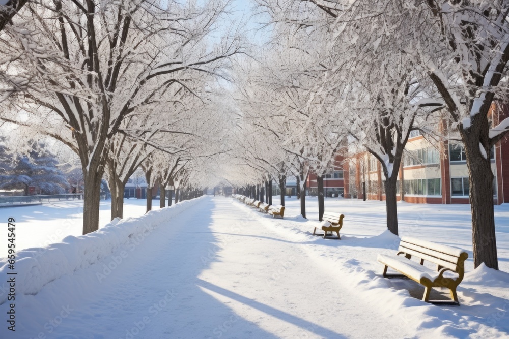 snow-covered campus pathway in wintertime