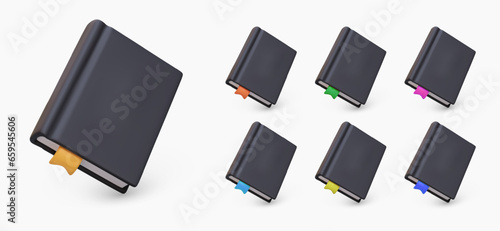 Set of books with black cover, bookmarks of different colors. Unmarked tomes, mockup. Legal code on white background. Textbook, notebook. Isolated vector image. Color icons