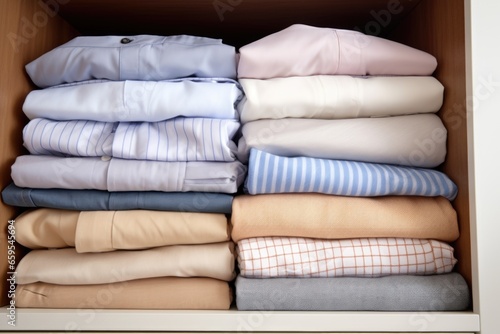 folded cotton shirts aligned in an open wardrobe