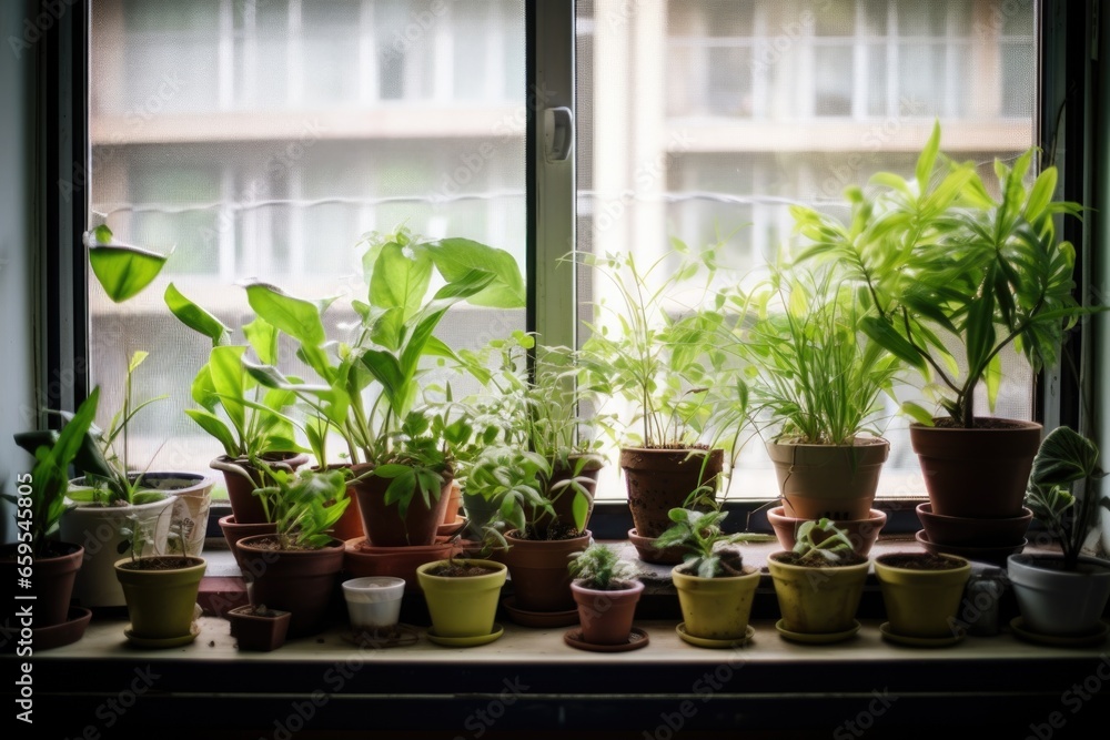potted plants on a dormitory room window sill