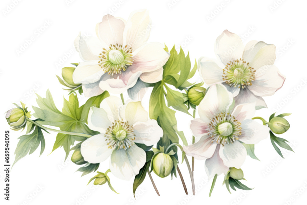 Watercolor botanical illustration of hellebore. Floral illustration for the greeting cards, invitations, personalized card and different decorations