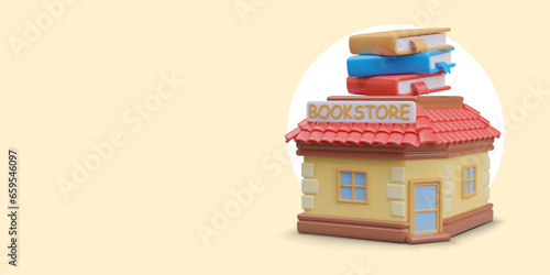 Cute 3D bookstore in cartoon style. Building with books on roof, text sign. Color vector advertising, place for text, logo, promotional offer. Horizontal format