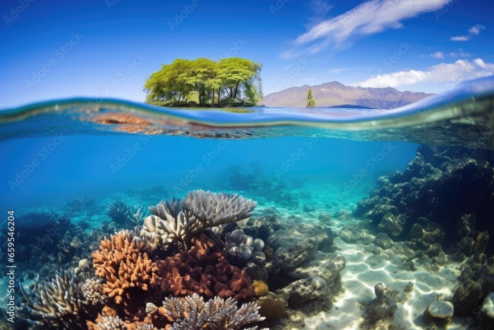 a pristine coral reef visible under clear water a pristine coral reef visible under clear water