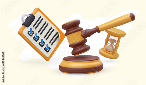 Placard with wooden judges gavel, clipboard with checklist and hourglasses. Concept of justice, equity and truth. Vector illustration in 3d style with place for text in yellow colors
