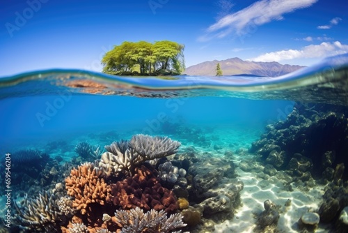 a pristine coral reef visible under clear water