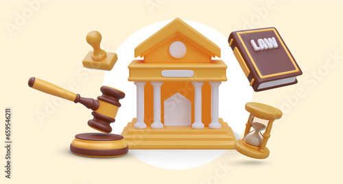 Realistic 3d court building, law book, hourglasses and yellow seal. Concept of legal law, equity and truth. Vertical vector illustration in yellow colors
