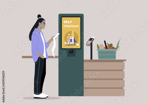 A perplexed character double-checking their paper receipt at a self-service checkout register in a manager-less supermarket store