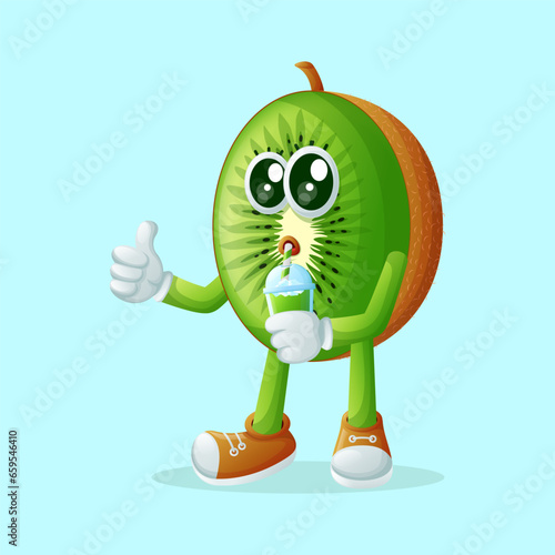kiwi character drinking a green smoothie
