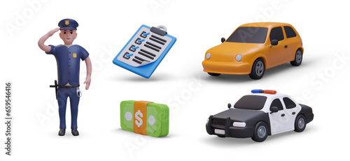 Concept of fine for traffic accident. 3D policeman, car, police car, wad of banknotes, list of violations. Set of vector illustrations in cartoon style
