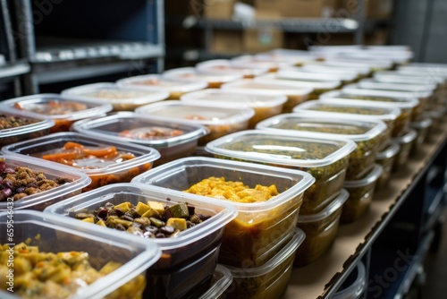 food packed in plastic containers, ready for distribution