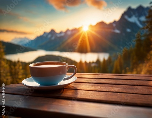 A delicious cup of hot tea on the background of a sunrise in the mountains