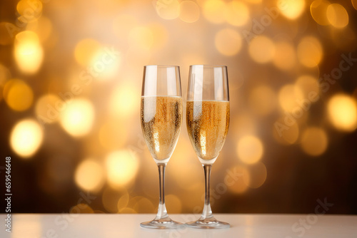 glasses of champagne on shiny and gold background