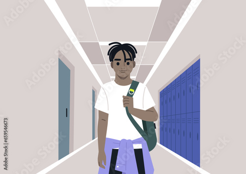 A preschooler with a backpack slung over one shoulder, walking down a school corridor, with classroom doors and lockers as the backdrop