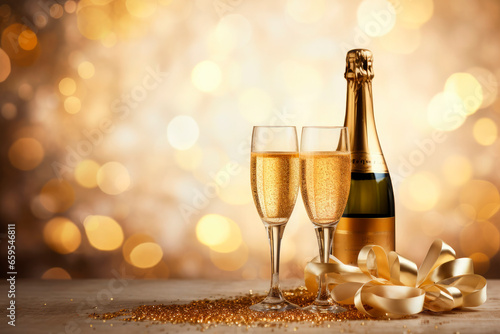 bottle and glasses of champagne on shiny and gold background. Copy space