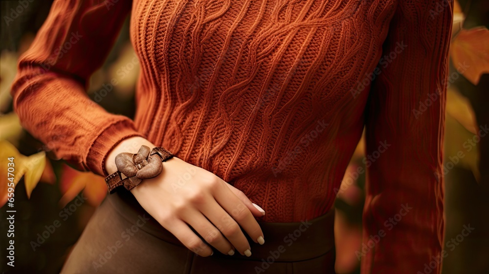 specific details of the brown knitted wool sweater, such as the cuffs or neckline, to highlight the craftsmanship and texture.