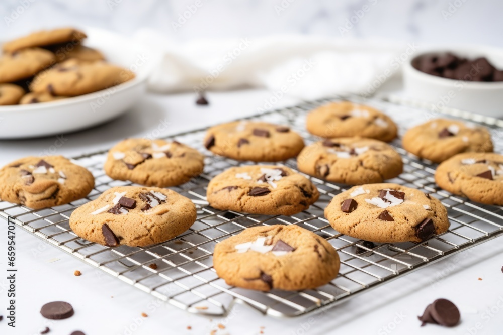 cooling rack with chocolate chip cookies on a marble counter cooling rack with chocolate chip cookies on a marble counter