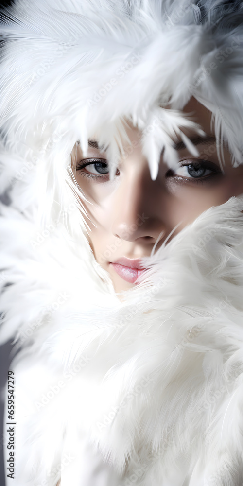 Fashion editorial Concept. Closeup portrait of stunning pretty woman with chiseled features, surround in white soft feathers boa. illuminated with dynamic composition dramatic lighting. copy space Fashion editorial Concept. Closeup portrait of stunning pretty woman with chiseled features, surround in white soft feathers boa. illuminated with dynamic composition dramatic lighting. copy space