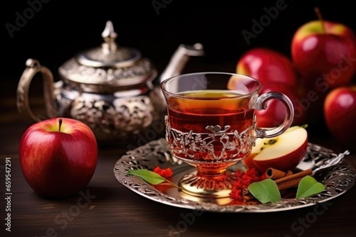 turkish tea set with red apple tea