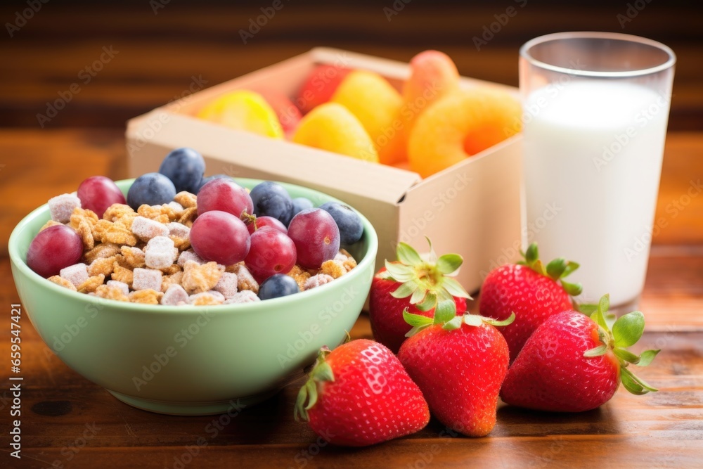 fresh fruits next to a box of sugary cereal fresh fruits next to a box of sugary cereal