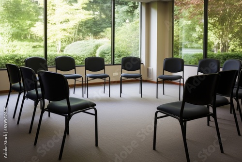 empty chairs arranged in a conference room