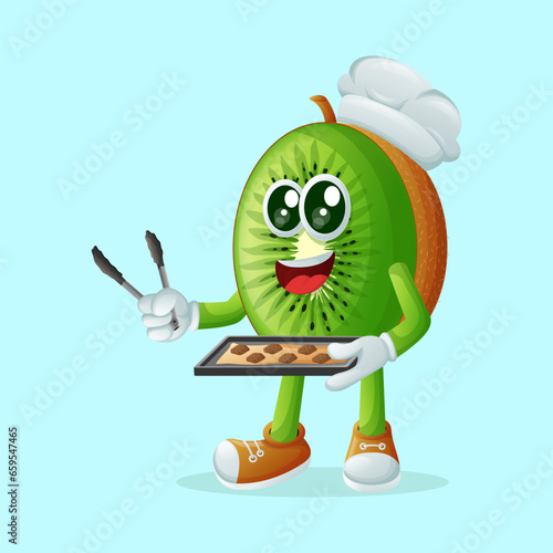  kiwi character holding a tray of baked goods