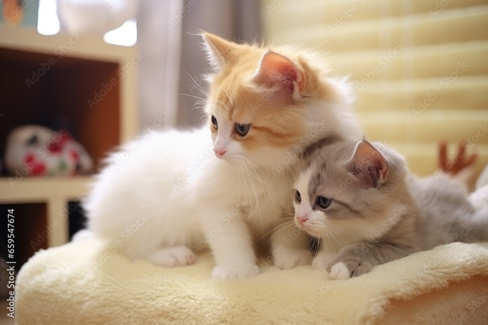 a pair of cats cleaning their kittens in home setting a pair of cats cleaning their kittens in home setting