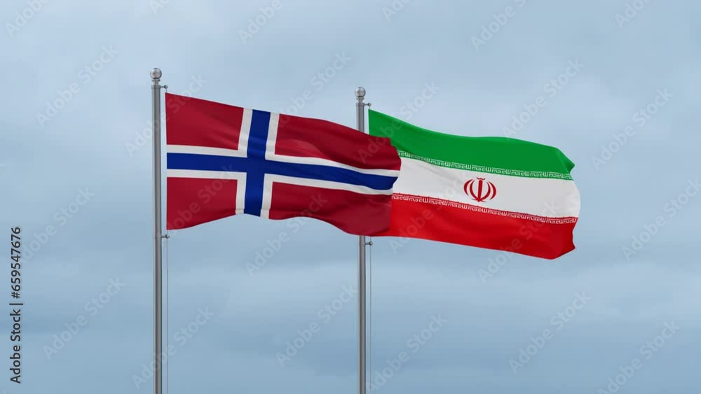 Iran flag and Norway flag waving together on blue sky, looped video Iran flag and Norway flag waving together on blue sky, looped video