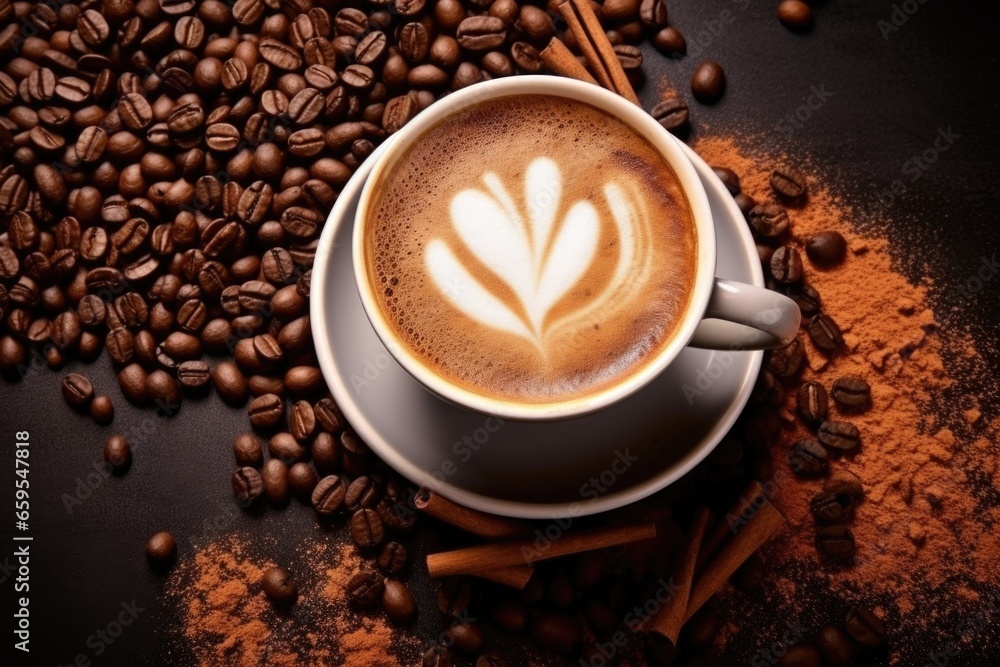 top down view of a steaming cappuccino amidst coffee beans top down view of a steaming cappuccino amidst coffee beans