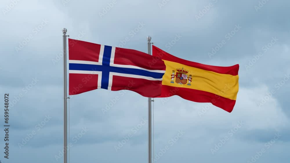 Spain and Norway flag waving together on cloudy sky, endless seamless loop, two country cooperation concept Spain and Norway flag waving together on cloudy sky, endless seamless loop, two country cooperation concept
