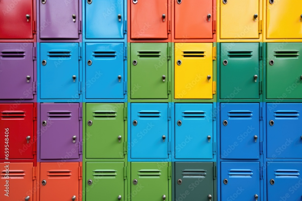 an array of colourful school lockers