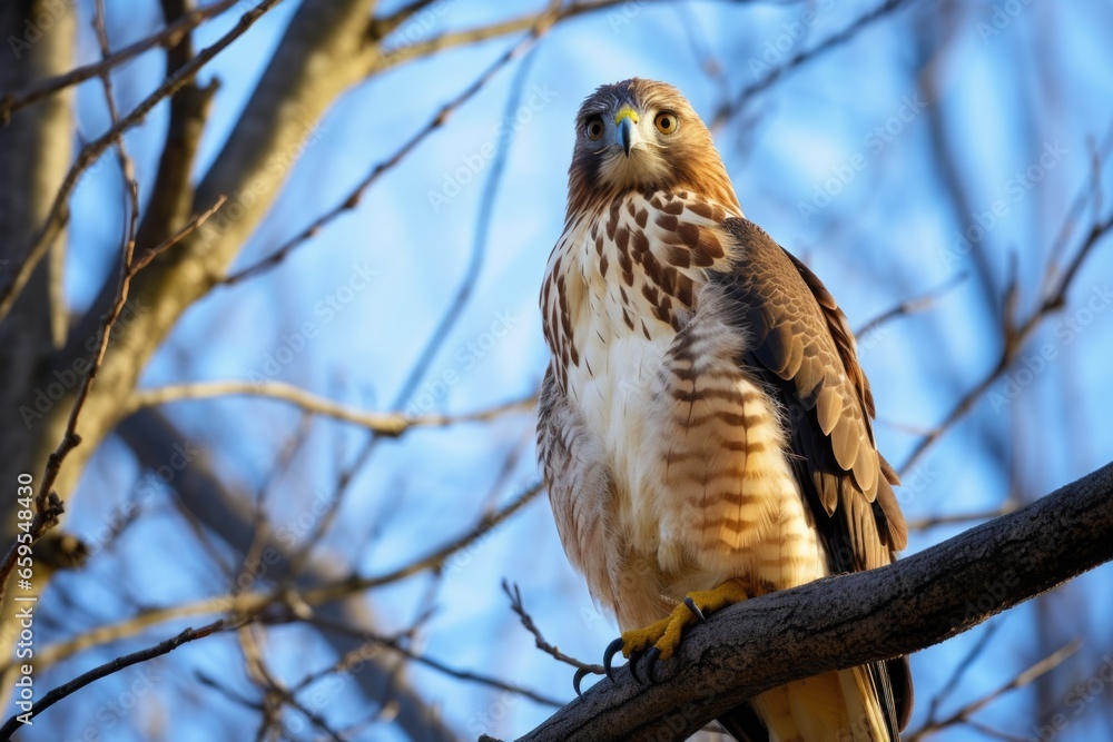 a watchful hawk perched high in a tree a watchful hawk perched high in a tree