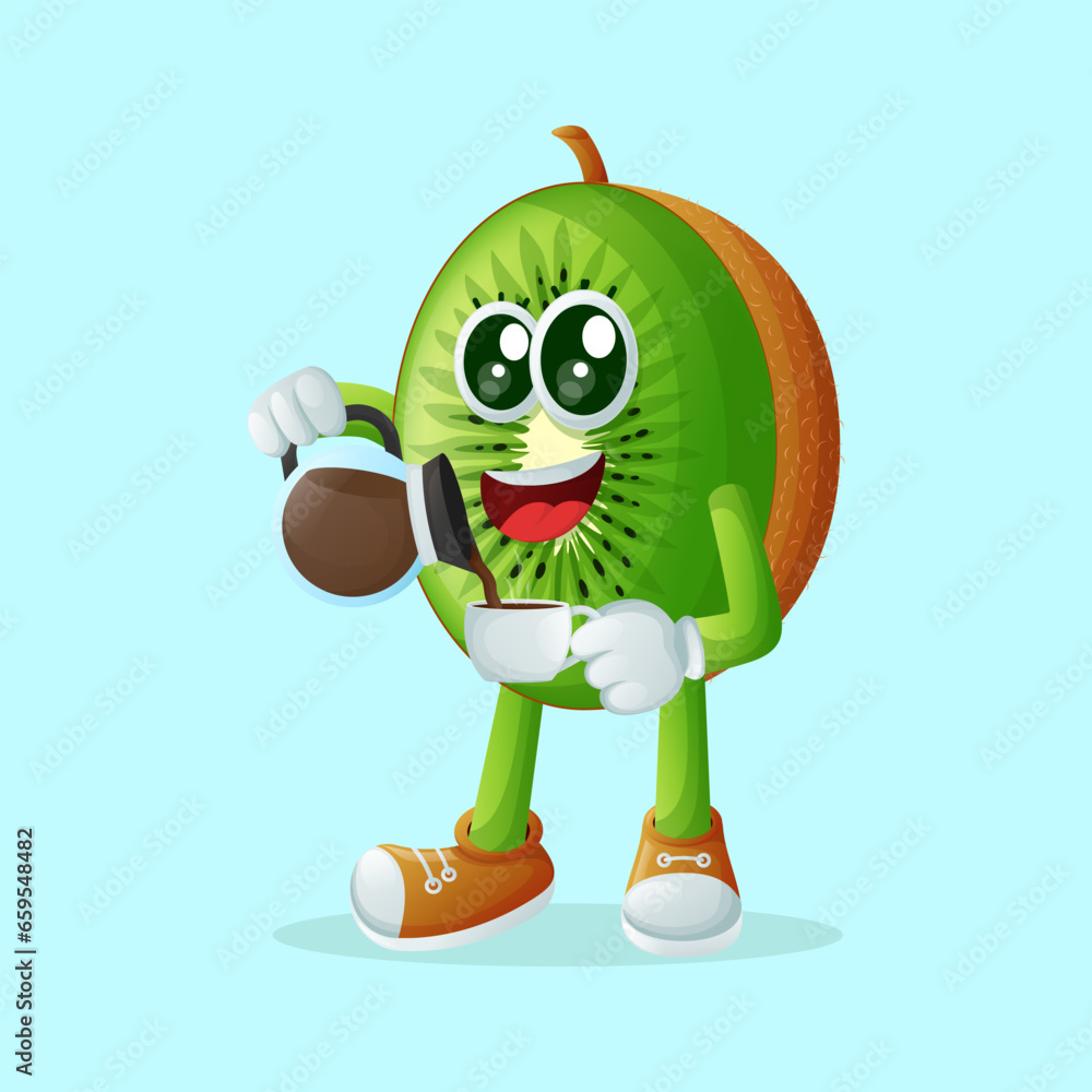 Obraz premium kiwi character pouring coffee