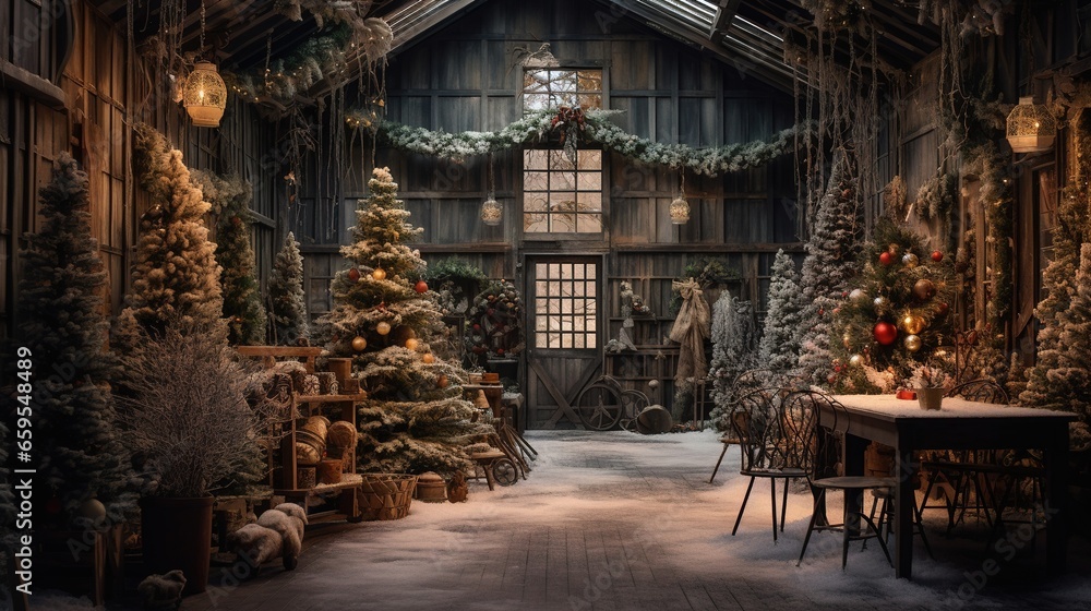 Generative AI, Christmas interior rural background, Santa Claus rustic workshop	