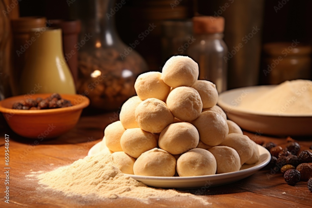 Fototapeta premium pile of uncooked dough balls ready to be baked