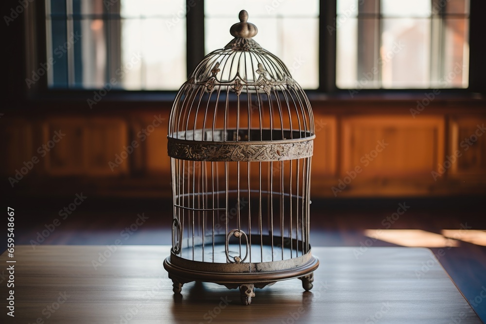 an empty birdcage on a table an empty birdcage on a table